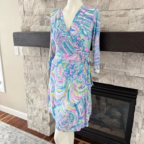 Lilly Pulitzer Mini Wrap Dress Blue Pink Green Print Jersey Tie Waist Size S - Picture 9 of 9
